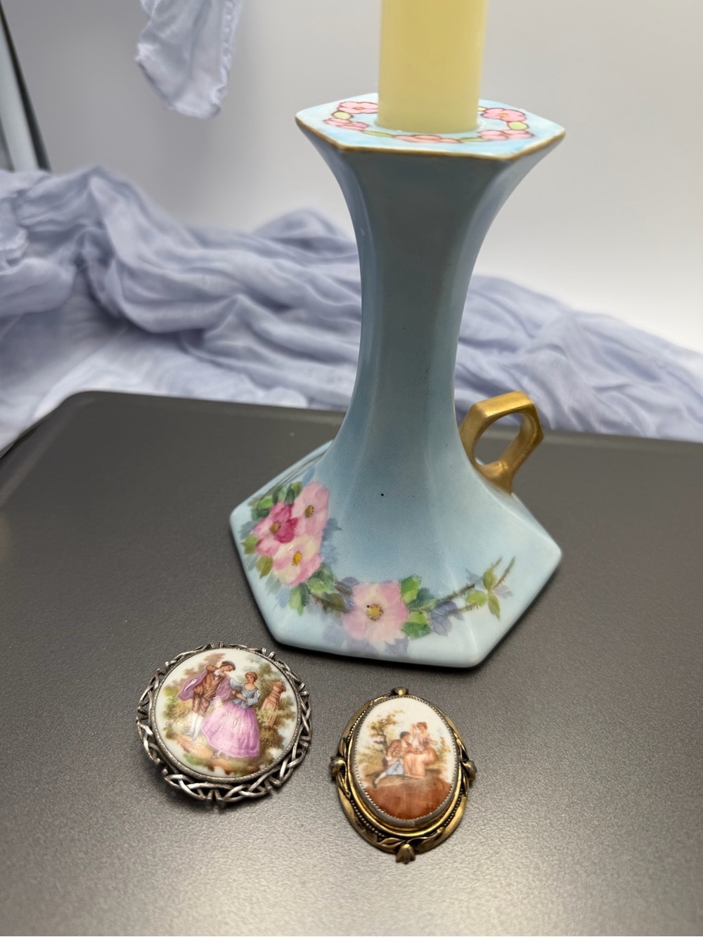 Vintage Limoges Brooches and Candle Holder